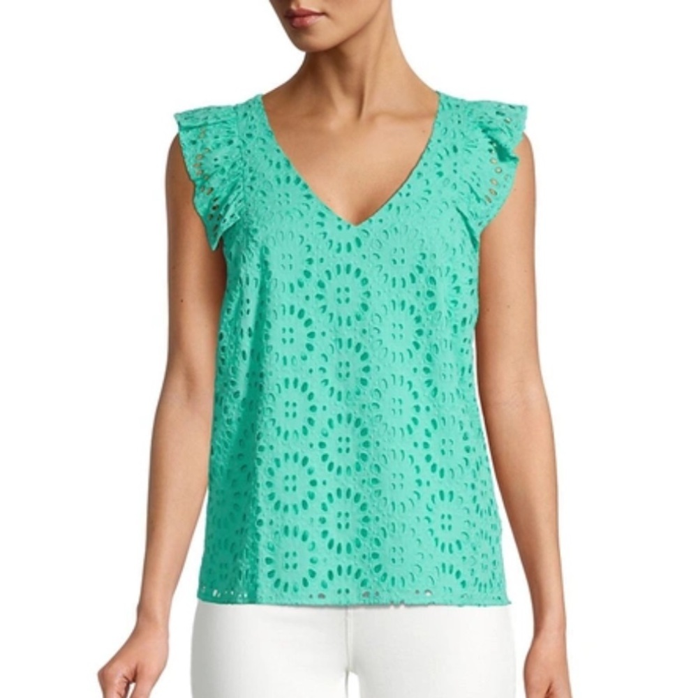 Lilly Pulitzer XS Lina Ruffle Eyelet Blouse In Gustavia Green